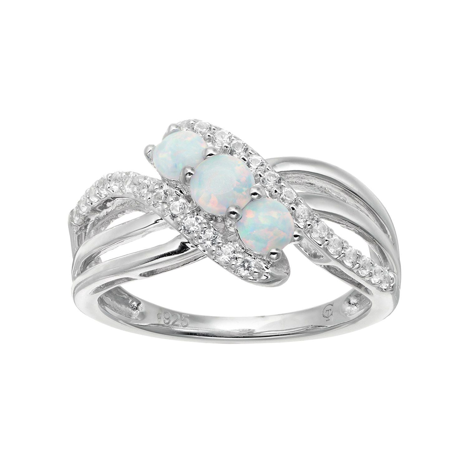 Sterling Silver Lab-Created Opal & White Sapphire 3 Stone Bypass Ring